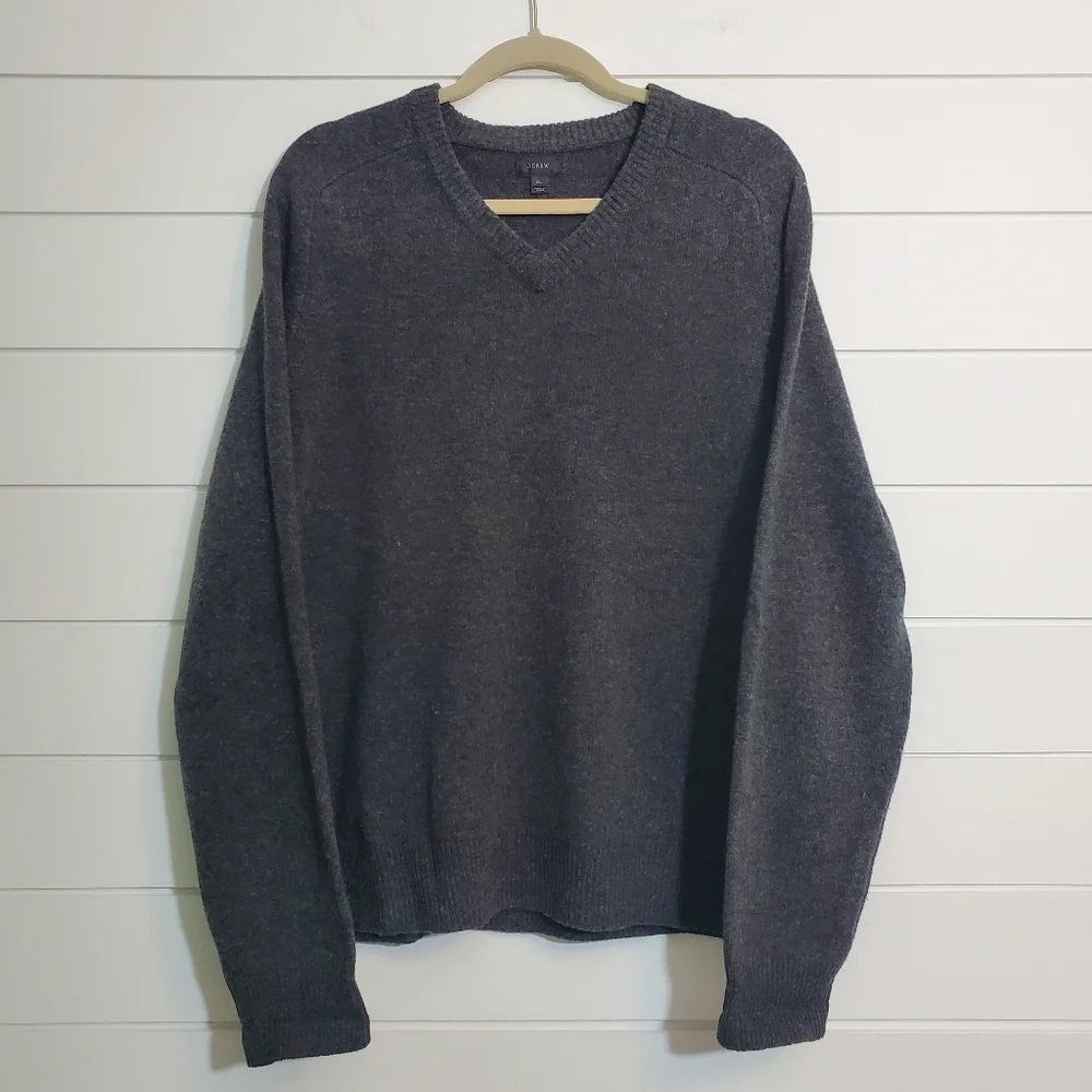 J.Crew Lambswool Sweater Mens XL Gray V Neck Long Sleeve Chunky Knit‎ Pullover